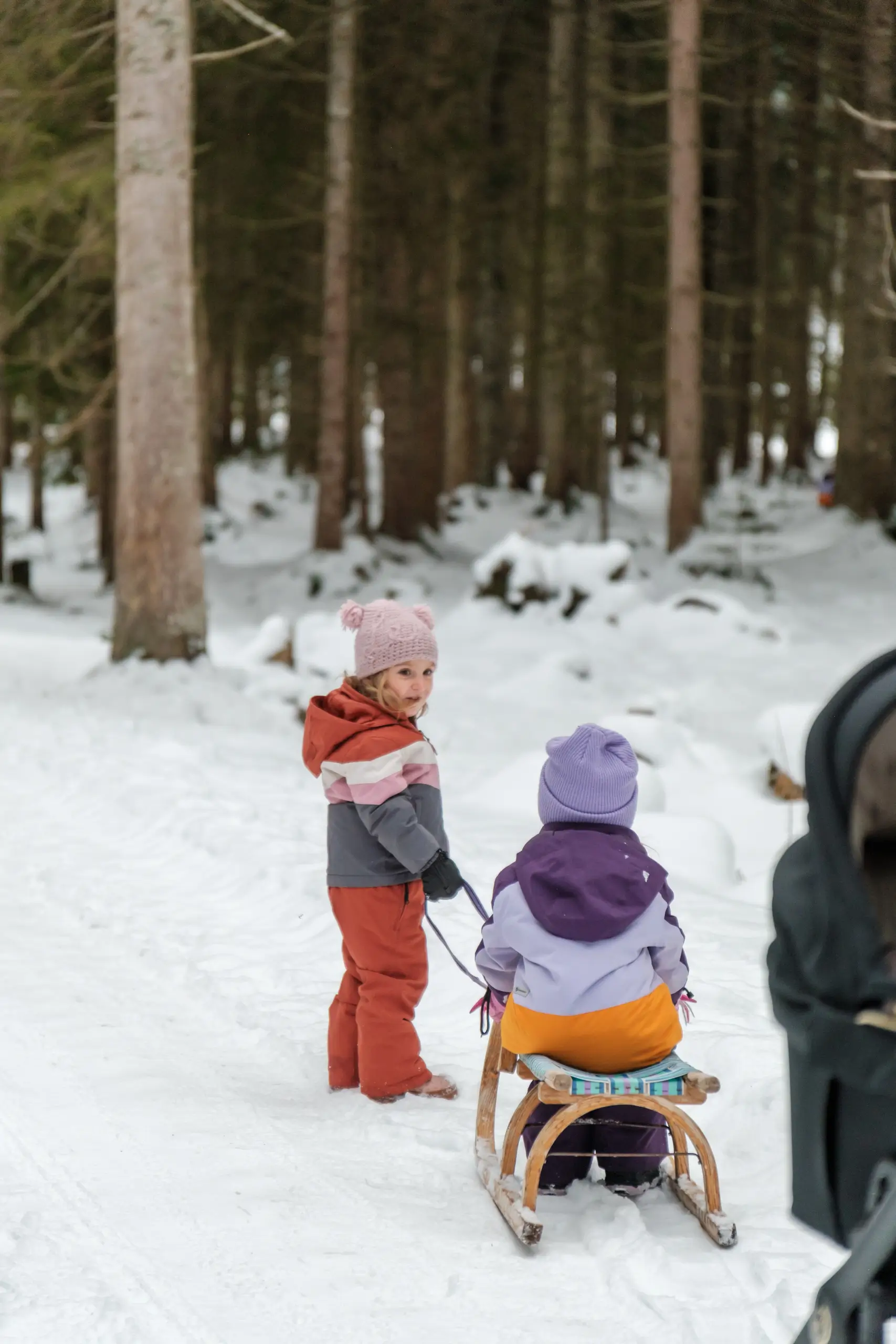 Zwei Kinder mit Schlitten im verschneiten Wald.