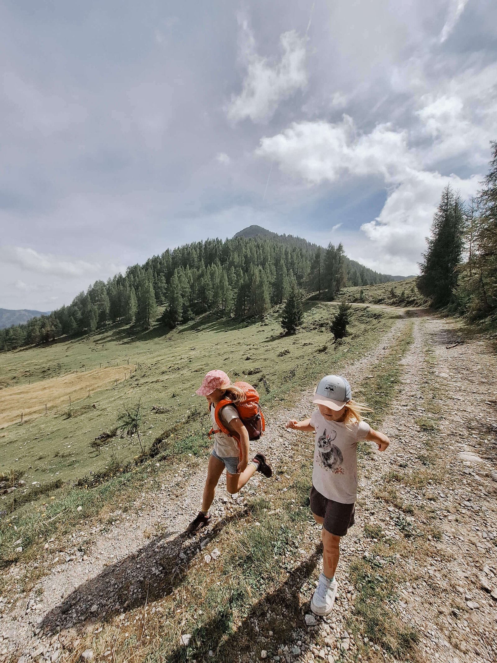 Zwei Kinder mit Rucksäcken wandern auf einem Bergpfad.