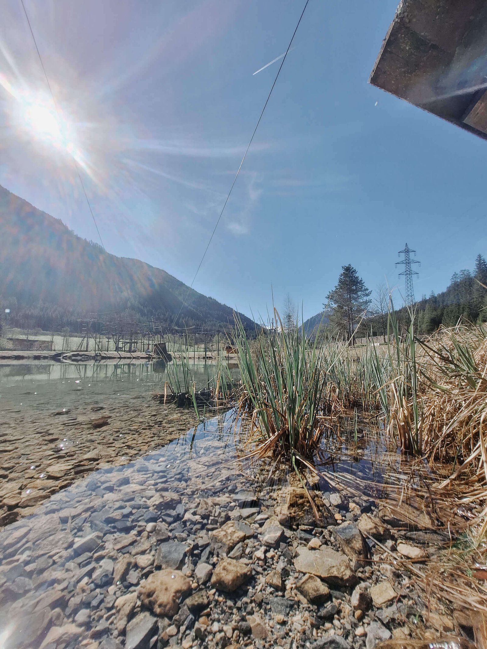 Sonnige Berglandschaft mit klarem Wasser und Schilf