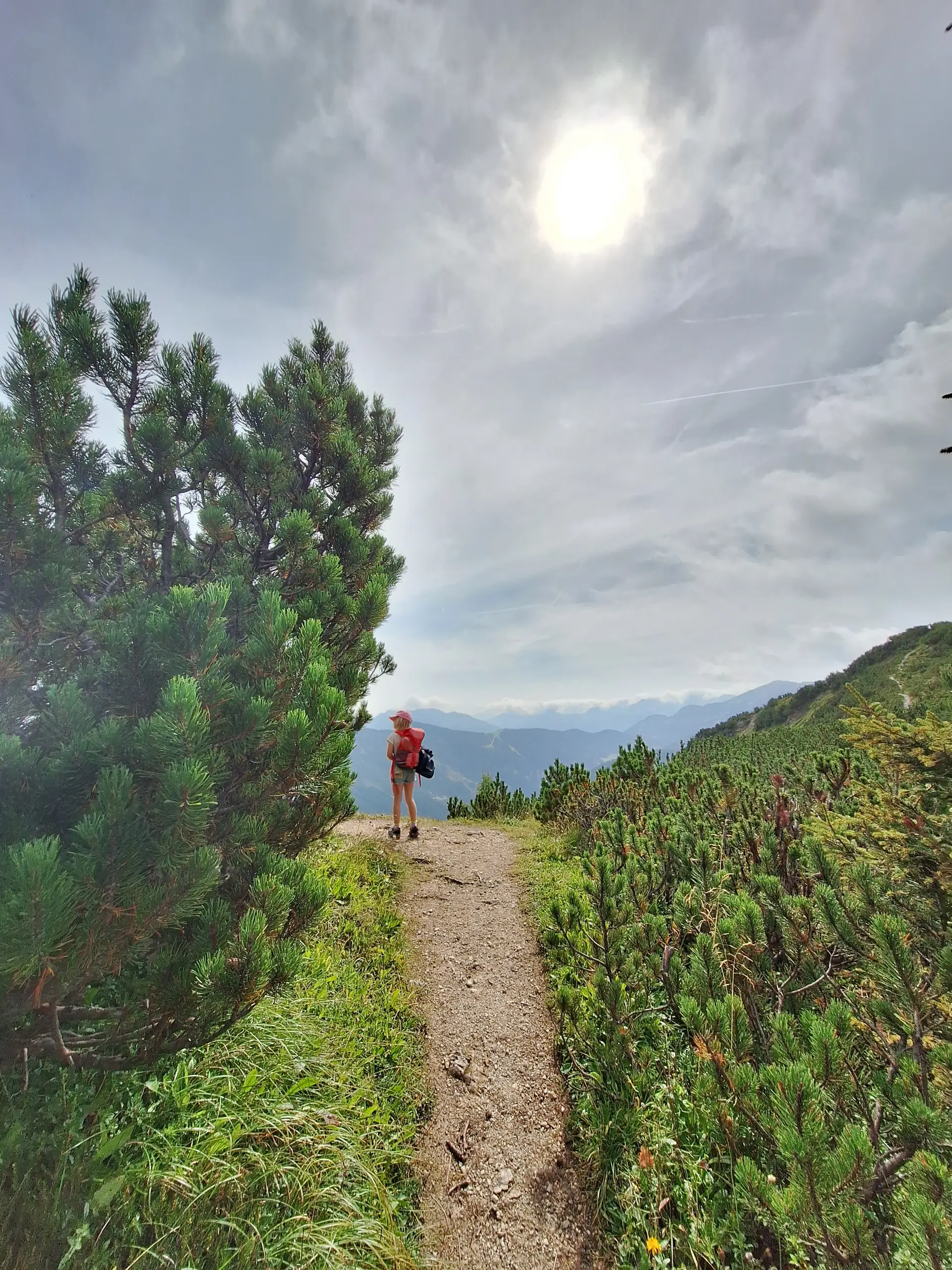 Wanderin auf Bergpfad mit Blick auf bewaldete Hügel unter bewölktem Himmel.